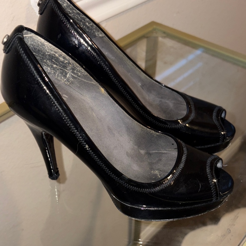Stuart Weitzman Black Patent Peep-Toe Flats with Sleek Finish